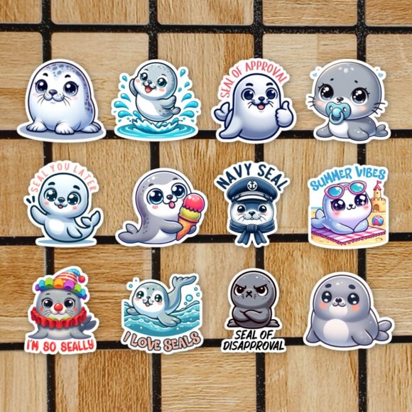 Seal Sticker Pack of 12 Vinyl Stickers - Waterproof Die Cut Animal Sticker Set - Picture 1 of 4